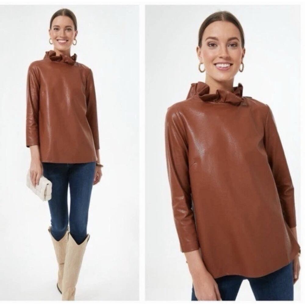 Tuckernuck Top Womens Small Brown Faye Faux Leather Blouse Ruffle Minimal Luxury - Picture 6 of 7